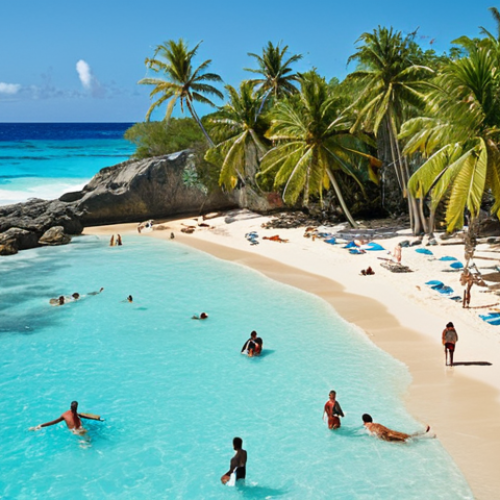 **Barbados beach scene:** "Tropical paradise in Barbados. Turquoise water, white sand beach, palm trees, clear blue sky. Happy tourists relaxing and enjoying the sun. (Focus on the idyllic Caribbean scenery.)"