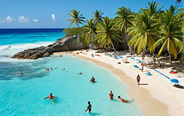 **Barbados beach scene:** "Tropical paradise in Barbados. Turquoise water, white sand beach, palm trees, clear blue sky. Happy tourists relaxing and enjoying the sun. (Focus on the idyllic Caribbean scenery.)"