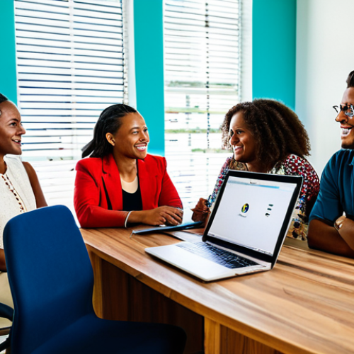 A diverse group of fully clothed professionals, including digital nomads and local Barbadians, engaged in a collaborative discussion within a vibrant, sunlit co-working space in Bridgetown, Barbados. Subjects are dressed in modest, casual-professional attire. The background features modern office elements blended with hints of traditional Caribbean decor, reflecting cultural immersion and community integration. A visible laptop and notebook on a desk. The atmosphere is friendly and productive, showcasing genuine interaction. Perfect anatomy, correct proportions, natural poses, well-formed hands, proper finger count, natural body proportions. High-resolution, professional photography, natural lighting, appropriate content, safe for work, family-friendly, professional setting.
