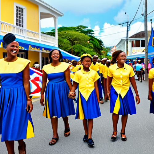 A vibrant street scene depicting the Barbados Independence Day celebration. Diverse group of Barbadian adults and children, all fully clothed in modest, festive attire featuring the national colors of blue, gold, and black. They are smiling and engaging in family-friendly activities, some gently swaying to music. A lively street in Bridgetown, adorned with numerous Barbados flags and festive banners. In the background, traditional Barbadian architecture is visible. The scene is illuminated by the warm light of a late afternoon. Professional photography, high detail, perfect anatomy, correct proportions, natural pose, well-formed hands, proper finger count, natural body proportions, safe for work, appropriate content, fully clothed, modest, family-friendly.