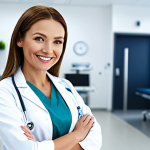 ** A smiling, professional female doctor in a bright and modern clinic office, fully clothed in a white coat and scrubs, appropriate attire, safe for work, perfect anatomy, natural proportions, family-friendly. The background includes medical equipment and a blurred view of a waiting room.

**