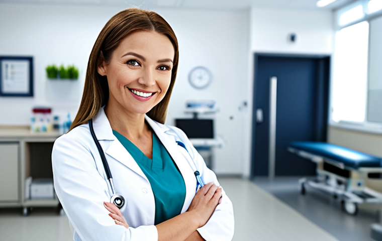 ** A smiling, professional female doctor in a bright and modern clinic office, fully clothed in a white coat and scrubs, appropriate attire, safe for work, perfect anatomy, natural proportions, family-friendly. The background includes medical equipment and a blurred view of a waiting room.

**