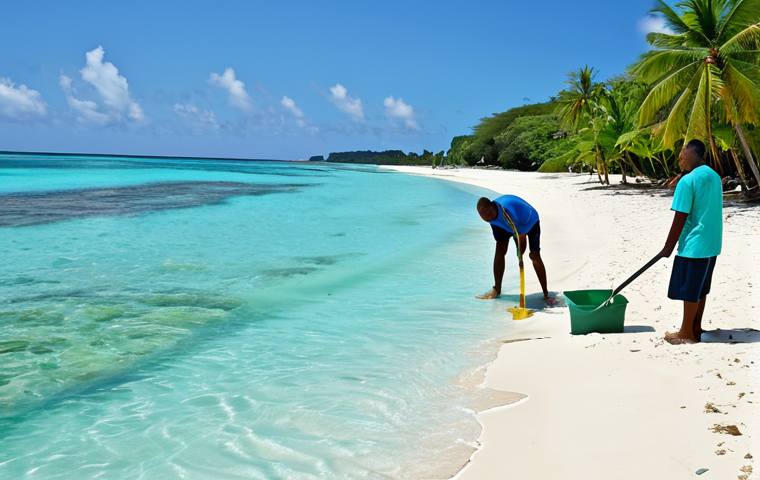 바베이도스 관광 산업의 도전과 기회 - **Sustainable Tourism:** "A picturesque view of a Barbadian beach being cleaned by volunteers, lush ...
